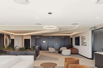 Common seating reception area with elevators at the back