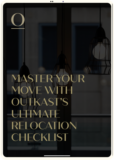 Black ipad mockup with gold text saying MASTER YOUR MOVE WITH OUTKAST'S ULTIMATE RELOCATION CHECKLIST