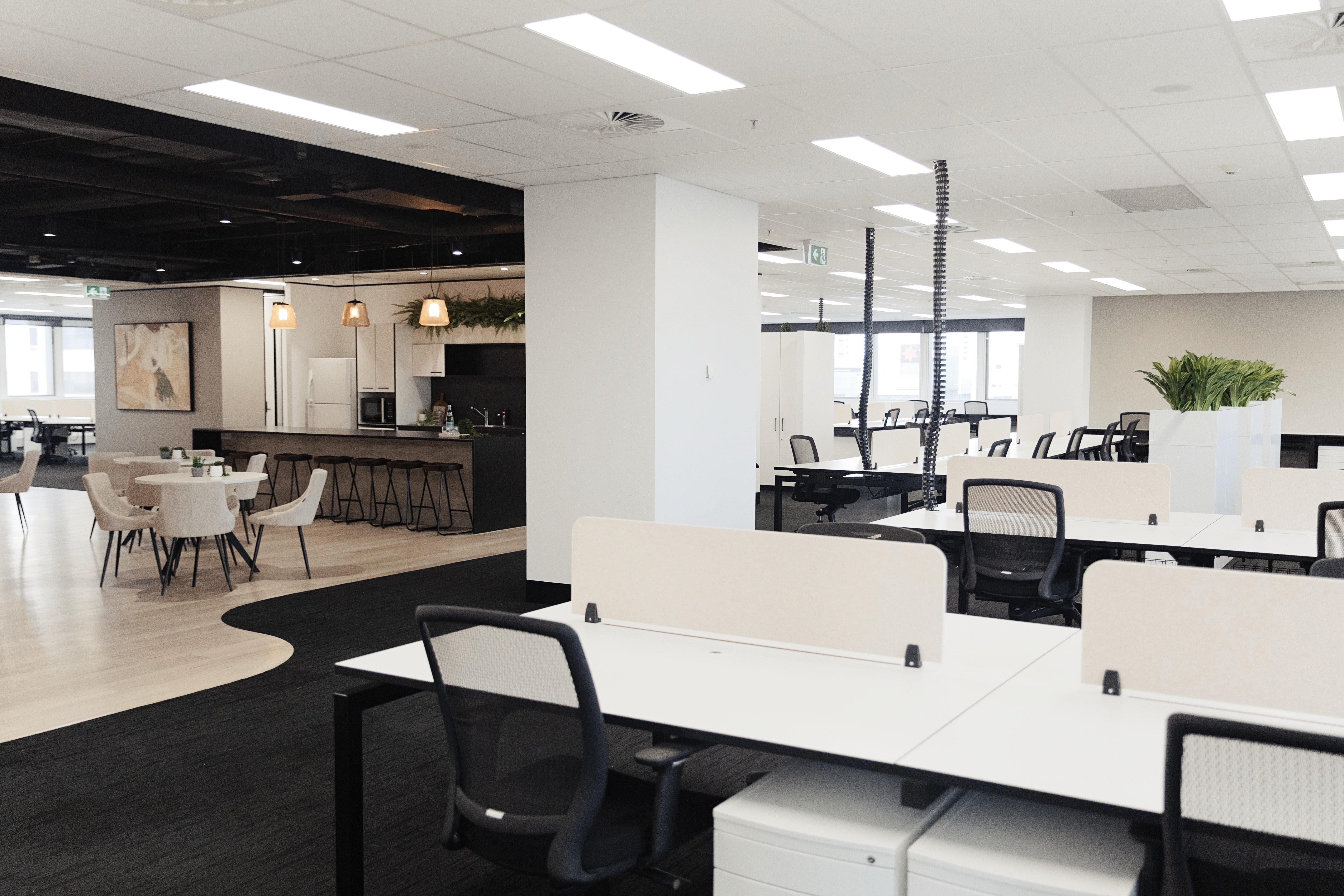 opne plan workspace with dark carpets and white desks