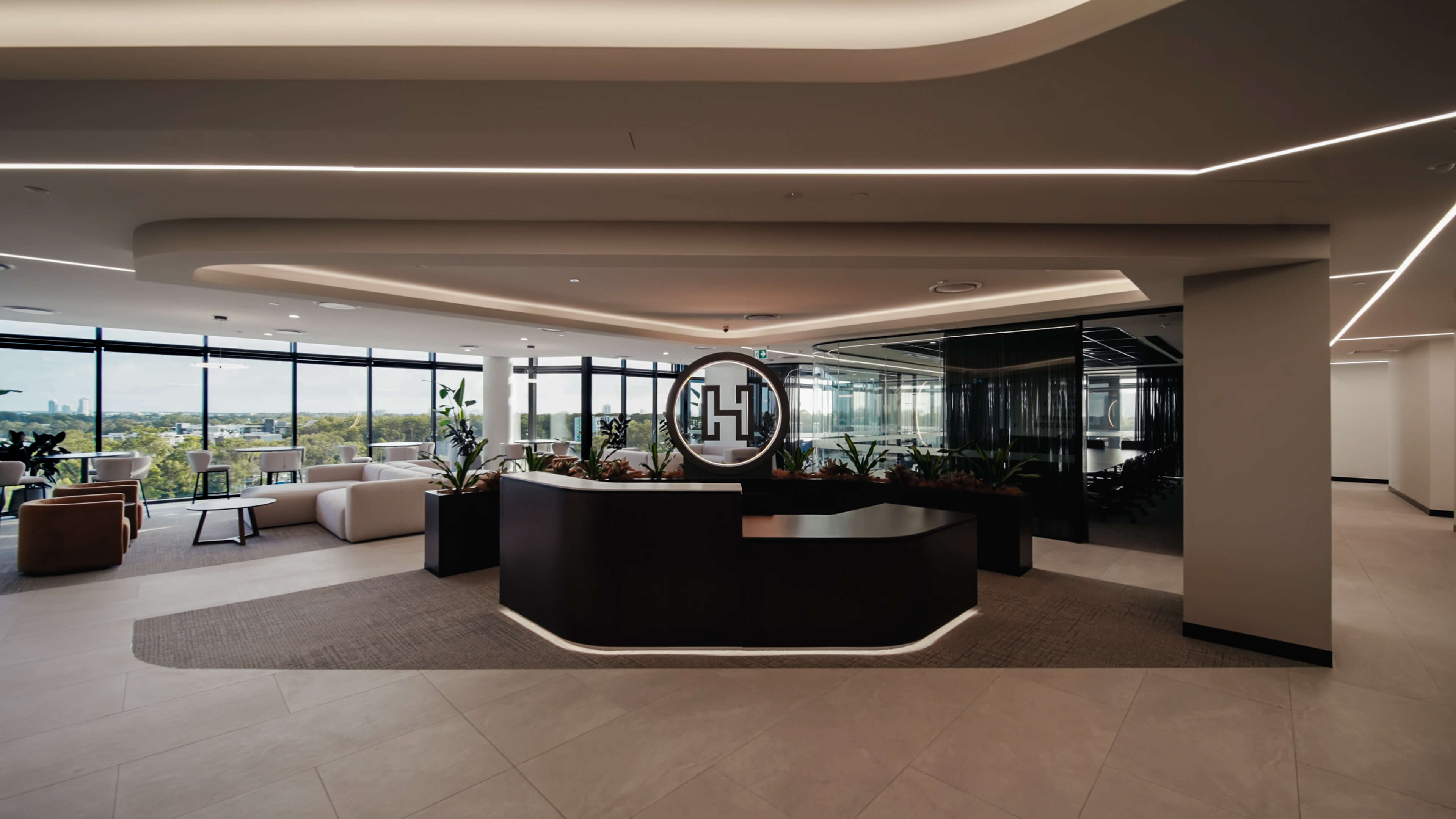 hallmark homes reception desk with logo